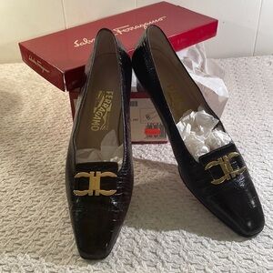 Salvatore Ferragamo Navarra Marrone Calf Croc Print Vintage Shoes & Box 10AA
